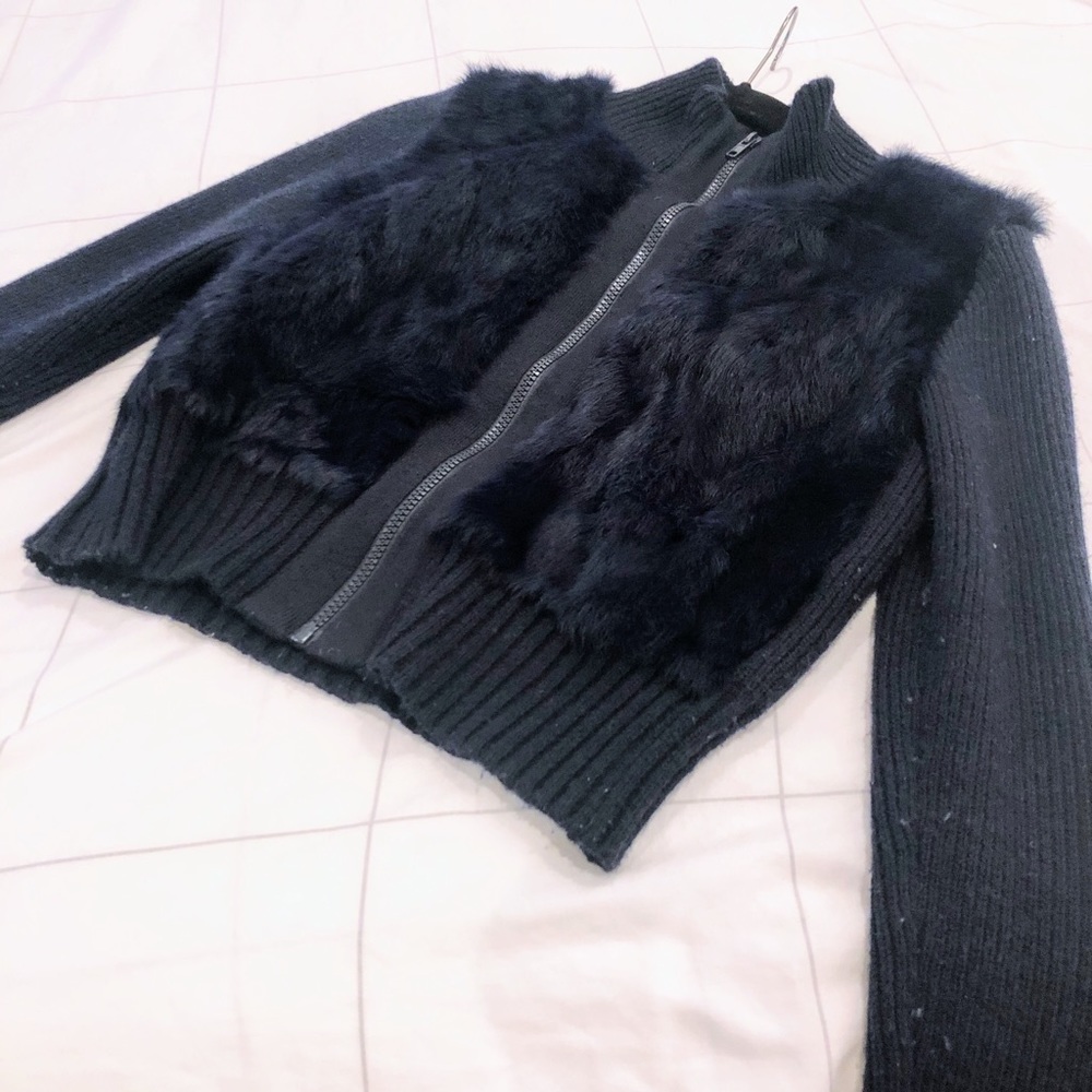 Genuine fur and wool cardigan